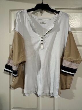 We The Free White Henley Top with Tan Colorblock Sleeves